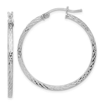 Sterling Silver Rhodium-Plated Diamond-Cut 2X35mm Square Tube Hoop Earrings