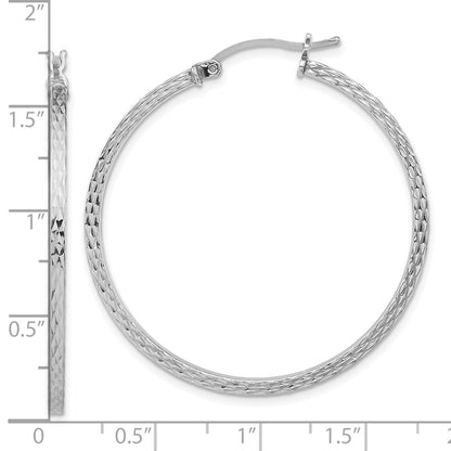 Sterling Silver Rhodium-Plated Diamond-Cut 2X40mm Square Tube Hoop Earrings