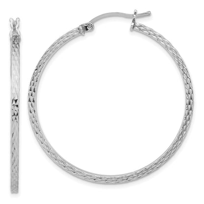 Sterling Silver Rhodium-Plated Diamond-Cut 2X40mm Square Tube Hoop Earrings