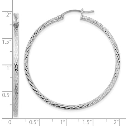 Sterling Silver Rhodium-Plated Diamond-Cut 2X45mm Square Tube Hoop Earrings