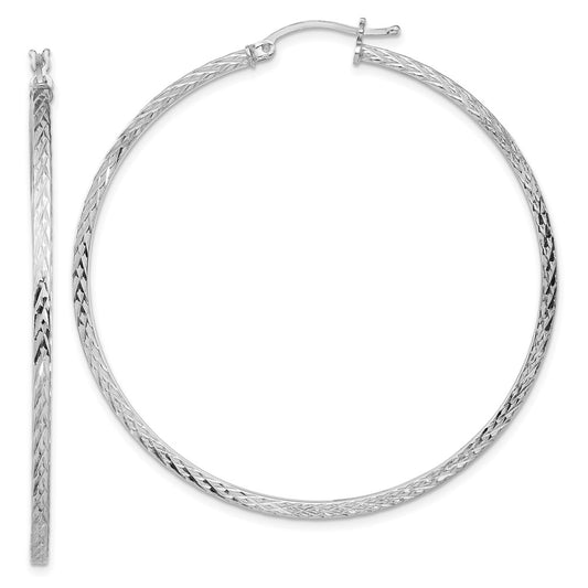 Sterling Silver Rhodium-Plated Diamond-Cut 2X55mm Square Tube Hoop Earrings