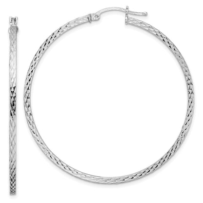 Sterling Silver Rhodium-Plated Diamond-Cut 2X50mm Square Tube Hoop Earrings