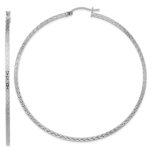 Sterling Silver Rhodium-Plated Diamond-Cut 2X70mm Square Tube Hoop Earrings