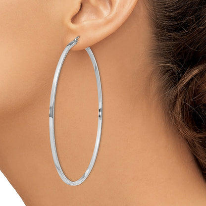 Sterling Silver Rhodium-Plated Diamond-Cut 2X80mm Square Tube Hoop Earrings
