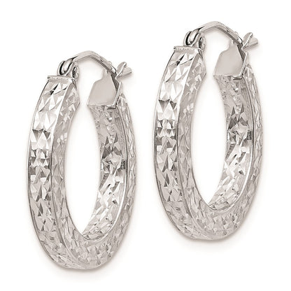 Sterling Silver Rhodium-Plated Diamond-Cut 3X20mm Square Tube Hoop Earrings