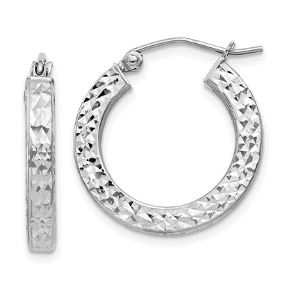 Sterling Silver Rhodium-Plated Diamond-Cut 3X20mm Square Tube Hoop Earrings