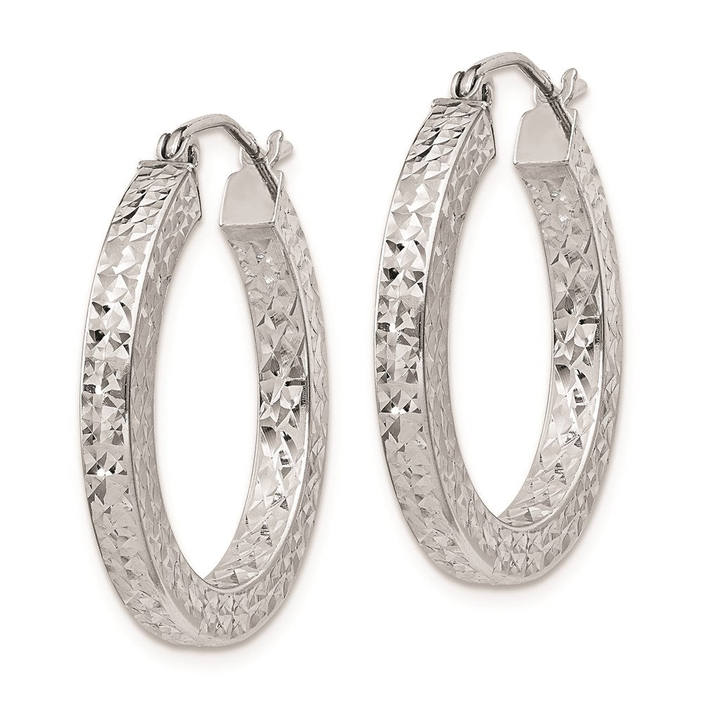 Sterling Silver Rhodium-Plated Diamond-Cut 3X25mm Square Tube Hoop Earrings