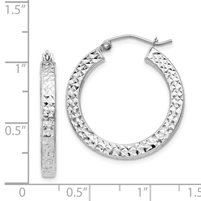 Sterling Silver Rhodium-Plated Diamond-Cut 3X25mm Square Tube Hoop Earrings