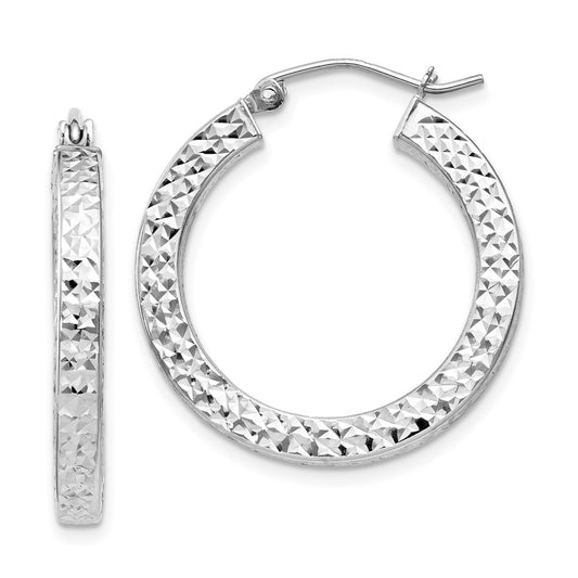 Sterling Silver Rhodium-Plated Diamond-Cut 3X25mm Square Tube Hoop Earrings