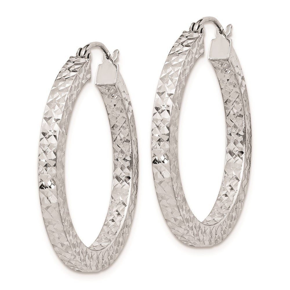 Sterling Silver Rhodium-Plated Diamond-Cut 3X30mm Square Tube Hoop Earrings