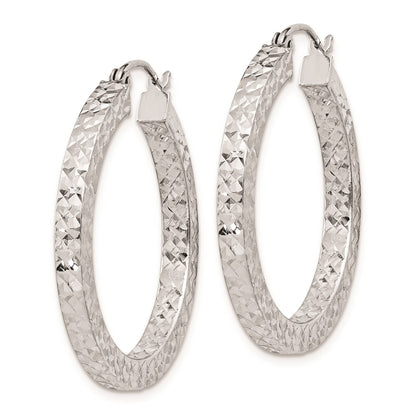 Sterling Silver Rhodium-Plated Diamond-Cut 3X30mm Square Tube Hoop Earrings
