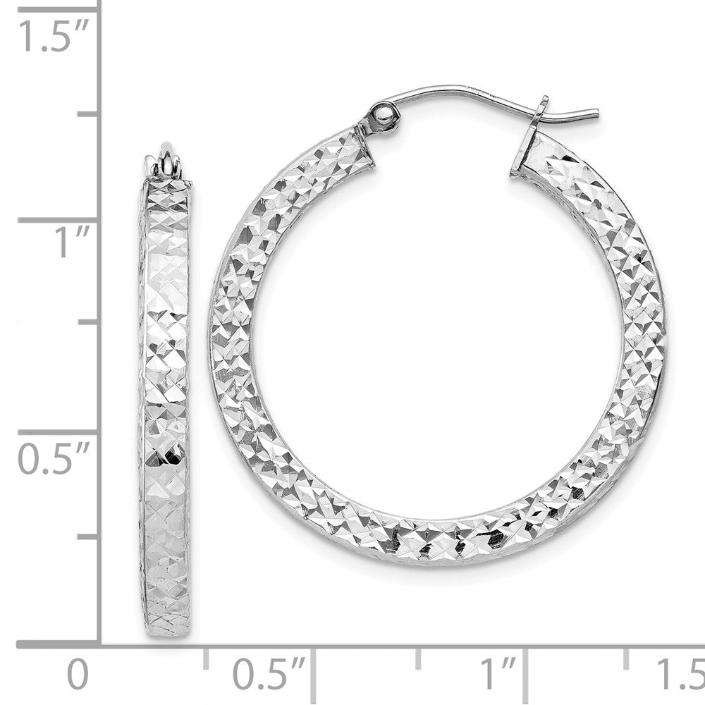 Sterling Silver Rhodium-Plated Diamond-Cut 3X30mm Square Tube Hoop Earrings