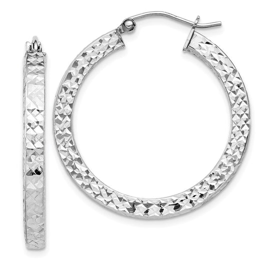 Sterling Silver Rhodium-Plated Diamond-Cut 3X30mm Square Tube Hoop Earrings
