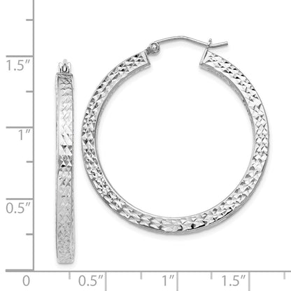 Sterling Silver Rhodium-Plated Diamond-Cut 3X35mm Square Tube Hoop Earrings