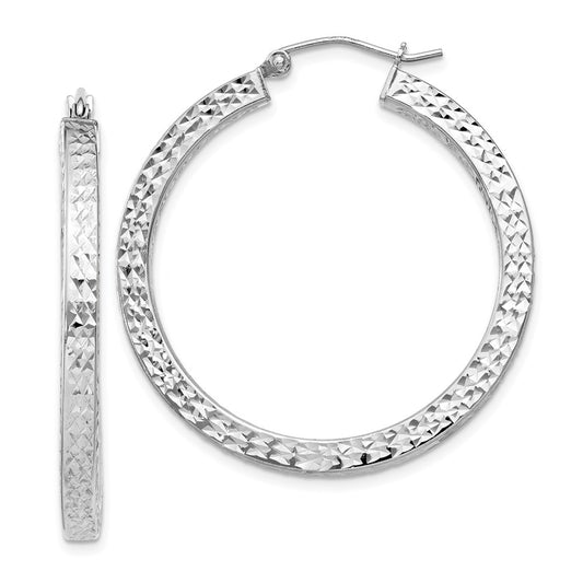 Sterling Silver Rhodium-Plated Diamond-Cut 3X35mm Square Tube Hoop Earrings