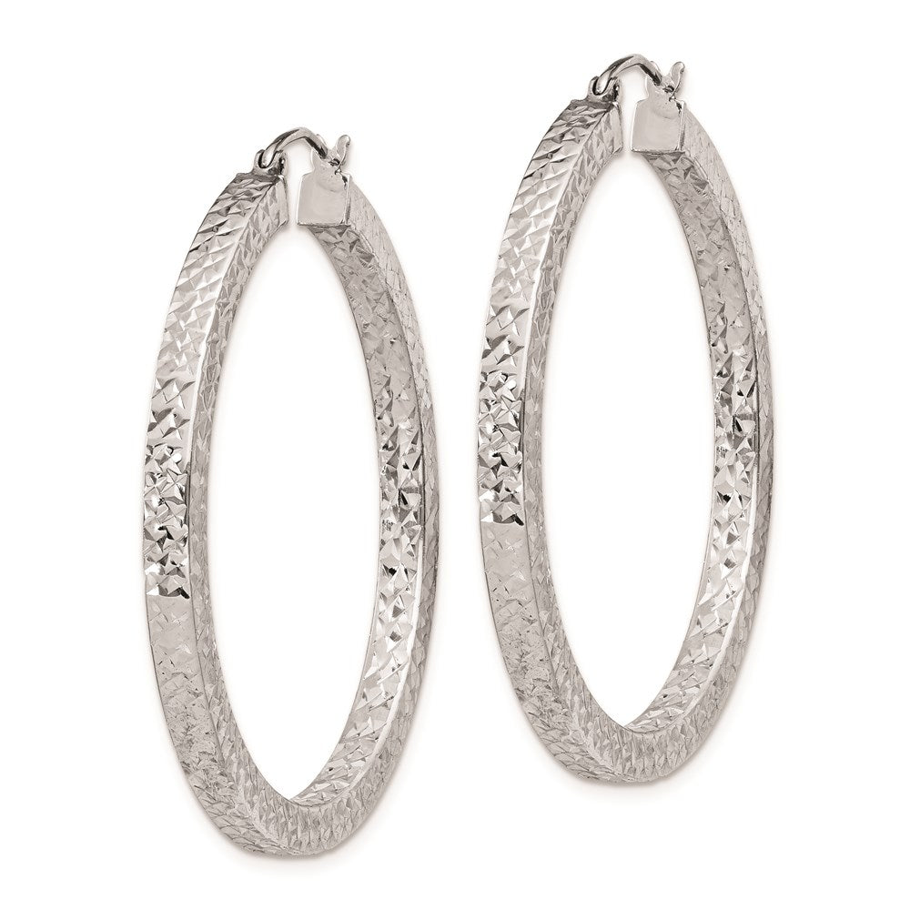 Sterling Silver Rhodium-Plated Diamond-Cut 3X40mm Square Tube Hoop Earrings