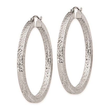 Sterling Silver Rhodium-Plated Diamond-Cut 3X40mm Square Tube Hoop Earrings