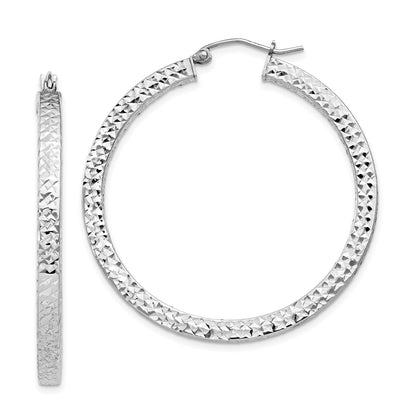 Sterling Silver Rhodium-Plated Diamond-Cut 3X40mm Square Tube Hoop Earrings