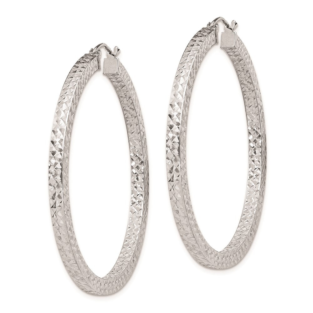 Sterling Silver Rhodium-Plated Diamond-Cut 3X45mm Square Tube Hoop Earrings