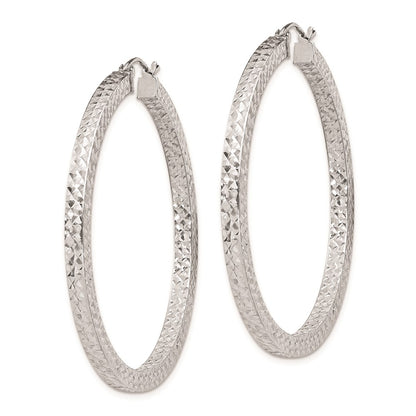 Sterling Silver Rhodium-Plated Diamond-Cut 3X45mm Square Tube Hoop Earrings