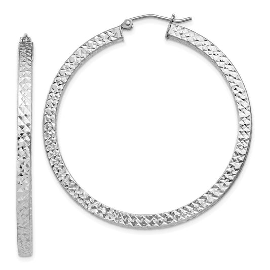 Sterling Silver Rhodium-Plated Diamond-Cut 3X45mm Square Tube Hoop Earrings