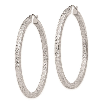 Sterling Silver Rhodium-Plated Diamond-Cut 3X50mm Square Tube Hoop Earrings