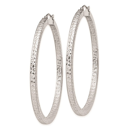 Sterling Silver Rhodium-Plated Diamond-Cut 3X55mm Square Tube Hoop Earrings