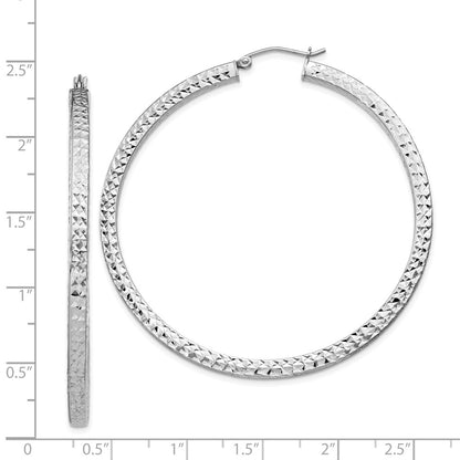 Sterling Silver Rhodium-Plated Diamond-Cut 3X55mm Square Tube Hoop Earrings