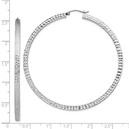 Sterling Silver Rhodium-Plated Diamond-Cut 3X65mm Square Tube Hoop Earrings