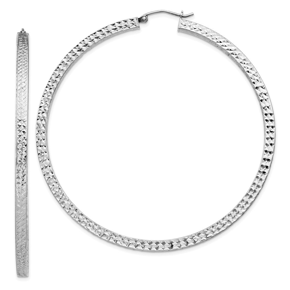 Sterling Silver Rhodium-Plated Diamond-Cut 3X65mm Square Tube Hoop Earrings