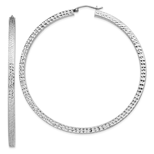 Sterling Silver Rhodium-Plated Diamond-Cut 3X65mm Square Tube Hoop Earrings