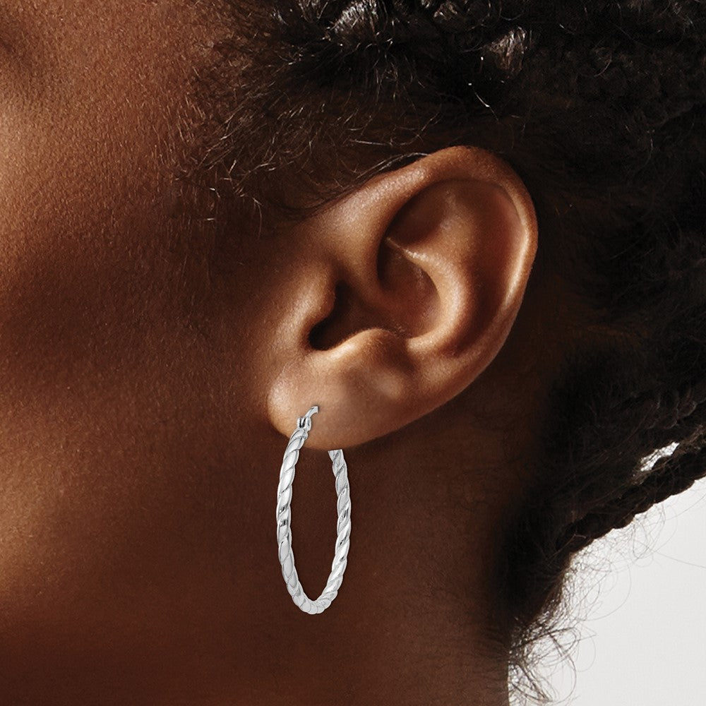 Sterling Silver Rhodium Plated 2X30mm Twisted Hoop Earrings