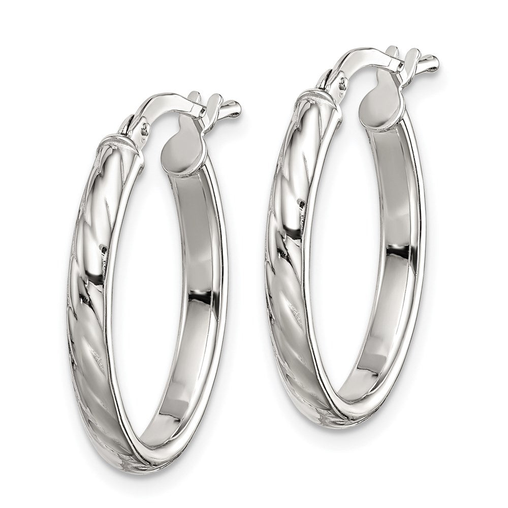 Sterling Silver Rhod-Plated Textured 3mm Hollow Oval Hoop Earrings