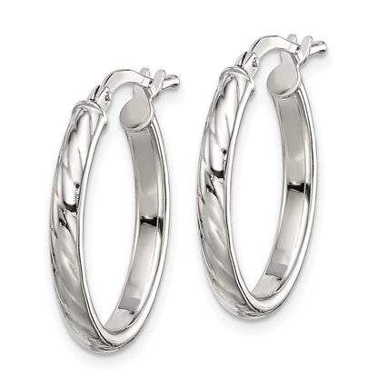 Sterling Silver Rhod-Plated Textured 3mm Hollow Oval Hoop Earrings