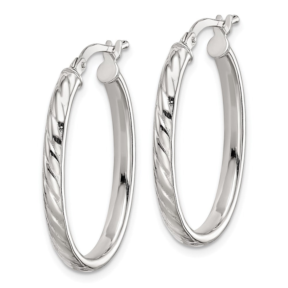 Sterling Silver Rhod-Plated Textured 3mm Hollow Oval Hoop Earrings
