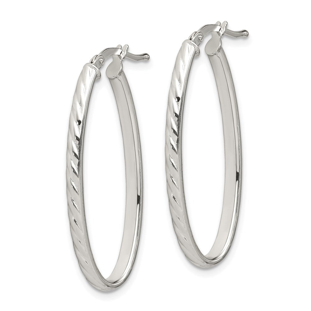 Sterling Silver Rhod-Plated Textured 3mm Hollow Oval Hoop Earrings