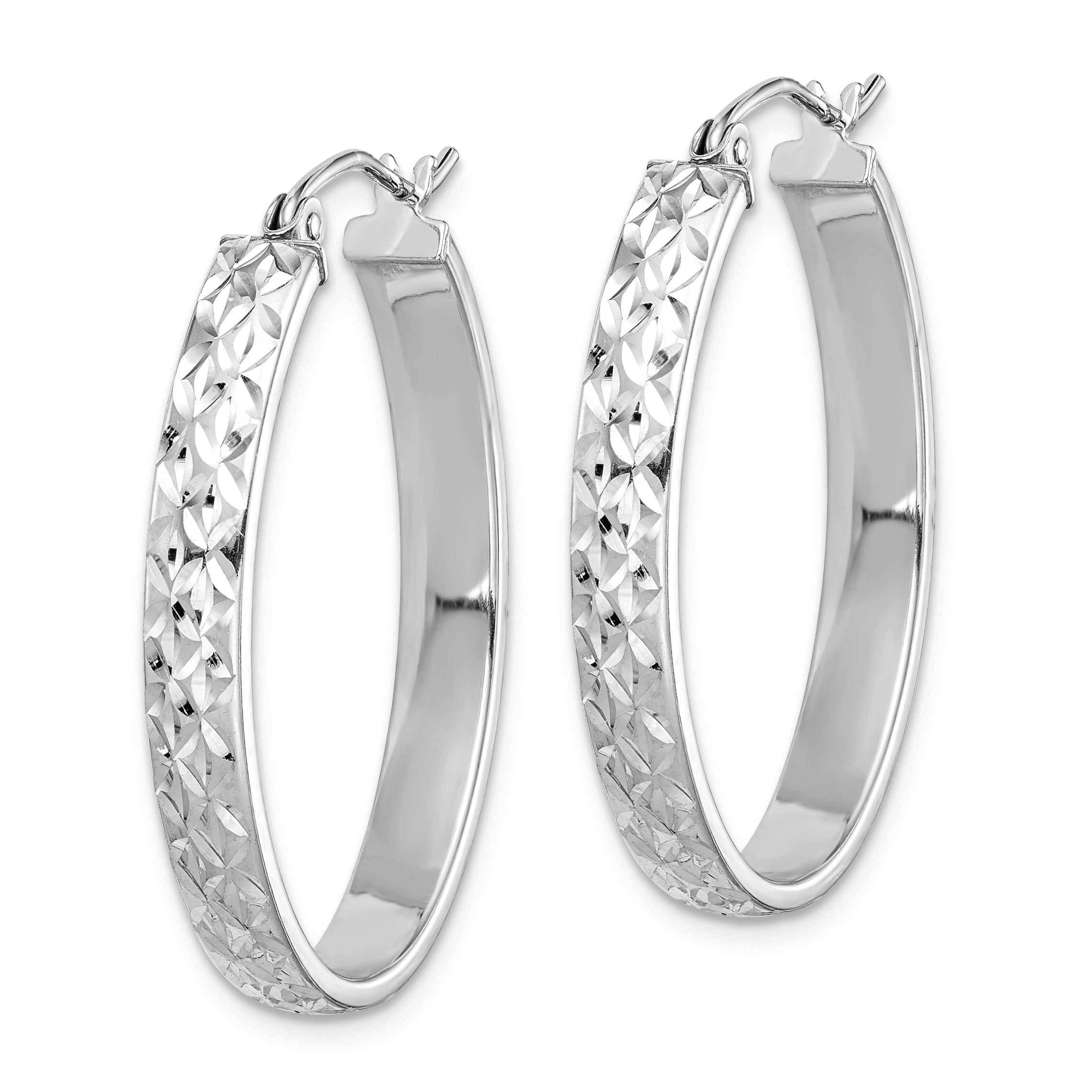 Sterling Silver Rhodium-Plated Diamond-Cut 4mm Oval Hoop Earrings
