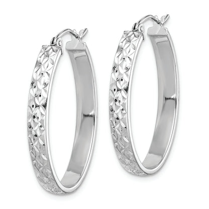 Sterling Silver Rhodium-Plated Diamond-Cut 4mm Oval Hoop Earrings
