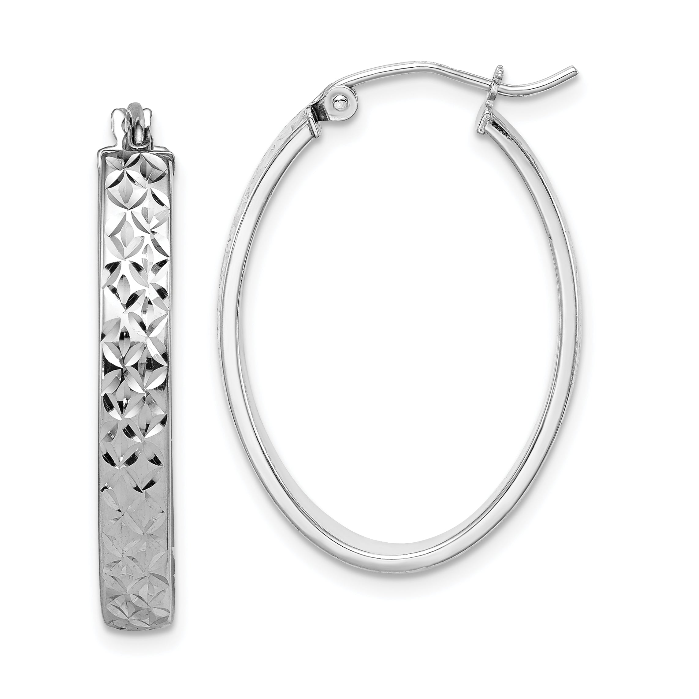 Sterling Silver Rhodium-Plated Diamond-Cut 4mm Oval Hoop Earrings