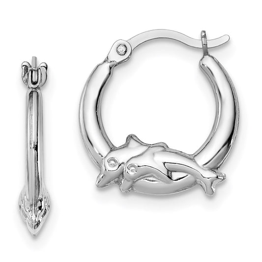 Sterling Silver Rhodium-Plated Polished Dolphin Round Hoop Earrings