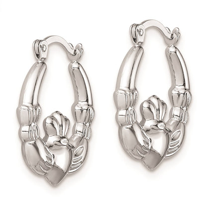 Sterling Silver Rhodium-Lated Claddagh Hollow Round Hoop Earrings