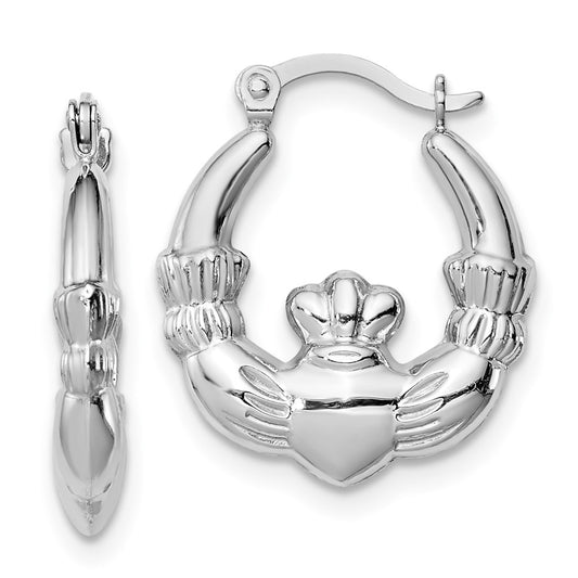 Sterling Silver Rhodium-Lated Claddagh Hollow Round Hoop Earrings