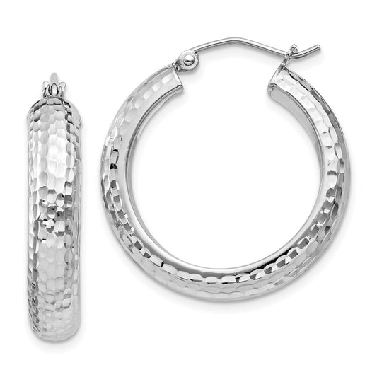 Sterling Silver Rhodium-Plated Diamond-Cut 5X25mm Hoop Earrings