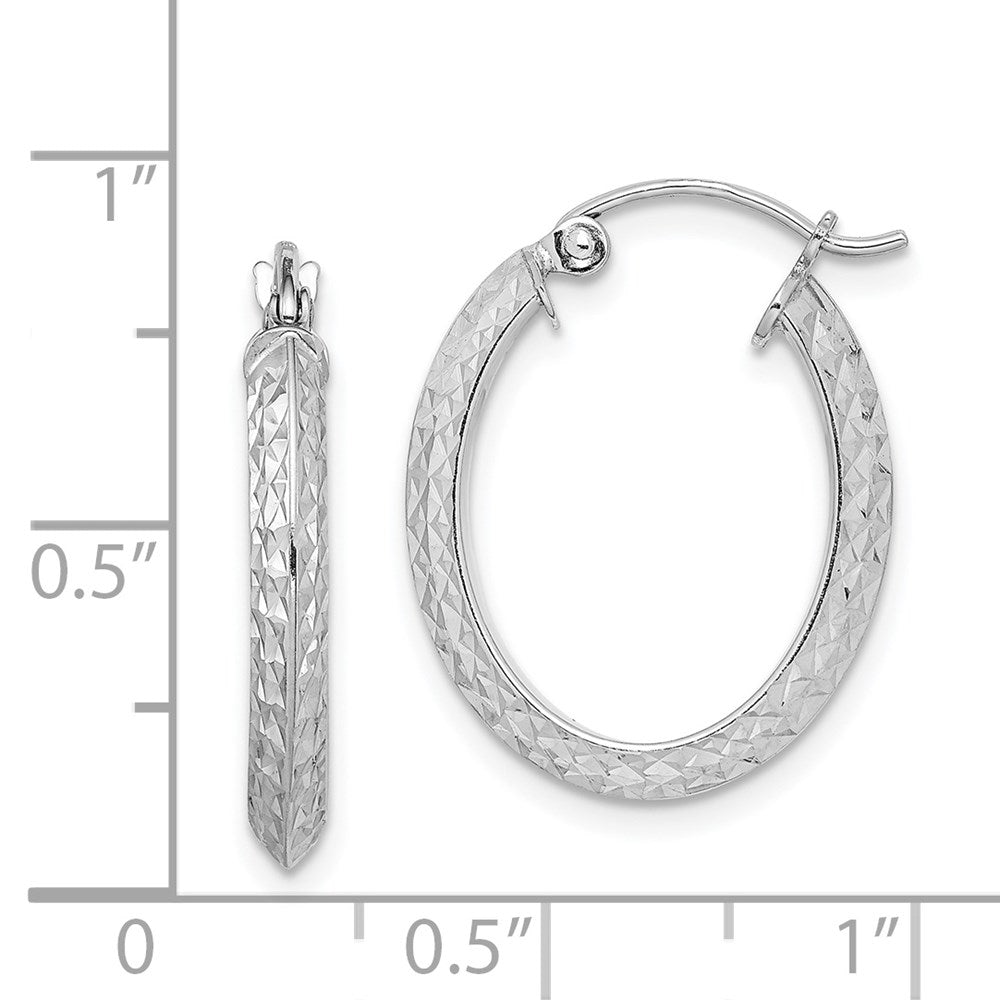 Sterling Silver Rhodium Plated Diamond Cut Oval Hoop Earrings