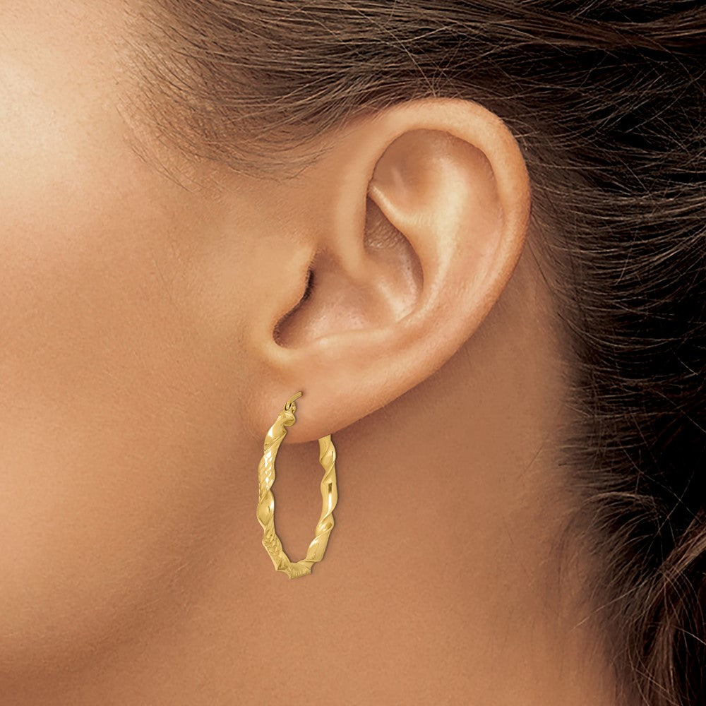Sterling Silver Gold-Plated 3X30mm Diamond-Cut Twisted Hoop Earrings