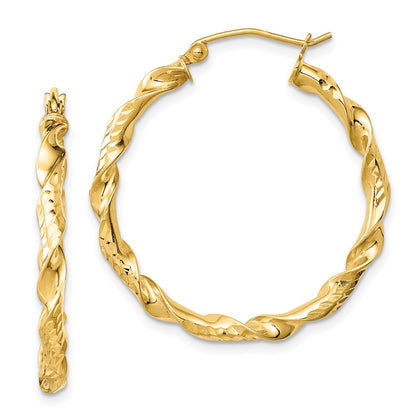 Sterling Silver Gold-Plated 3X30mm Diamond-Cut Twisted Hoop Earrings