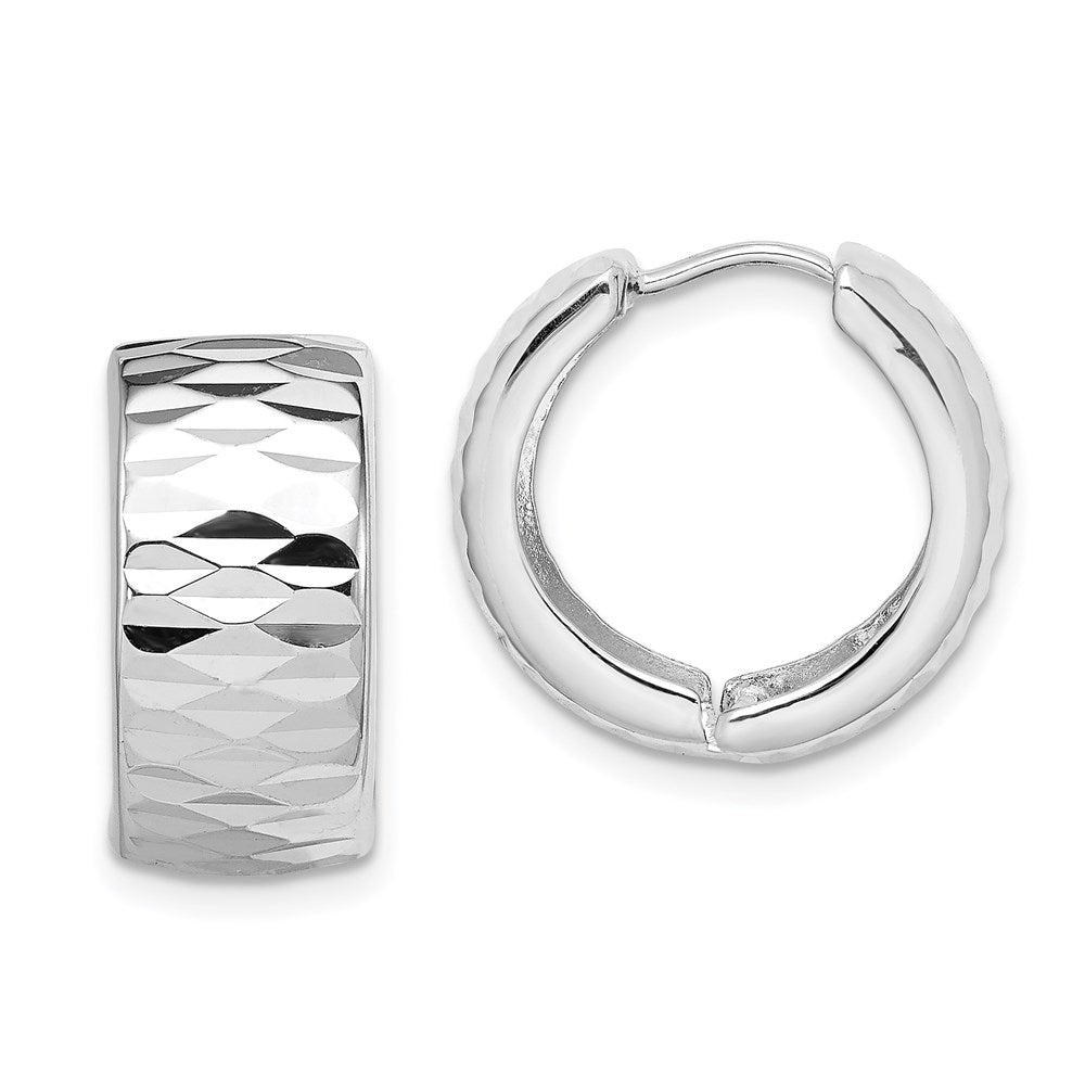 Sterling Silver Rhodium Polished Diamond Cut Hinged Hoop Earrings