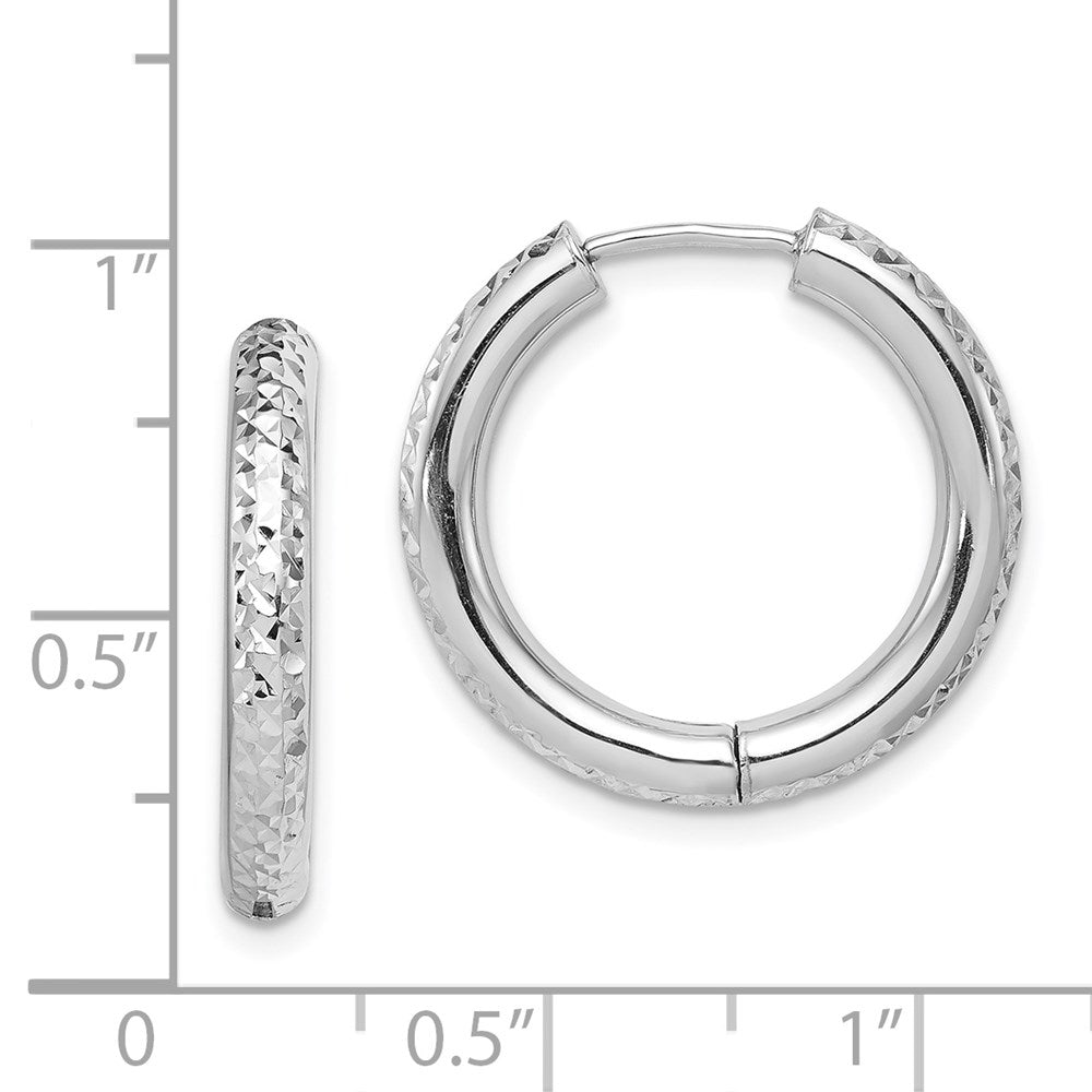 Sterling Silver Rhodium Polished Diamond Cut Hinged Hoop Earrings