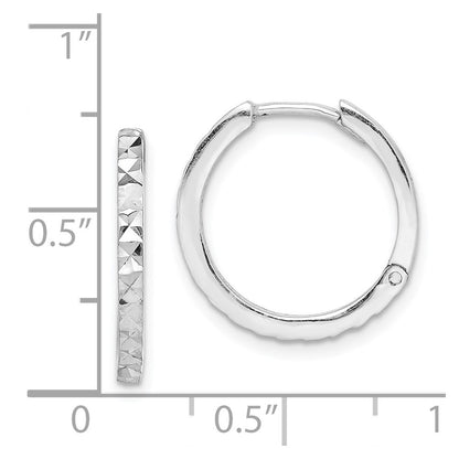 Sterling Silver Rhodium Polished Diamond Cut Hinged Hoop Earrings