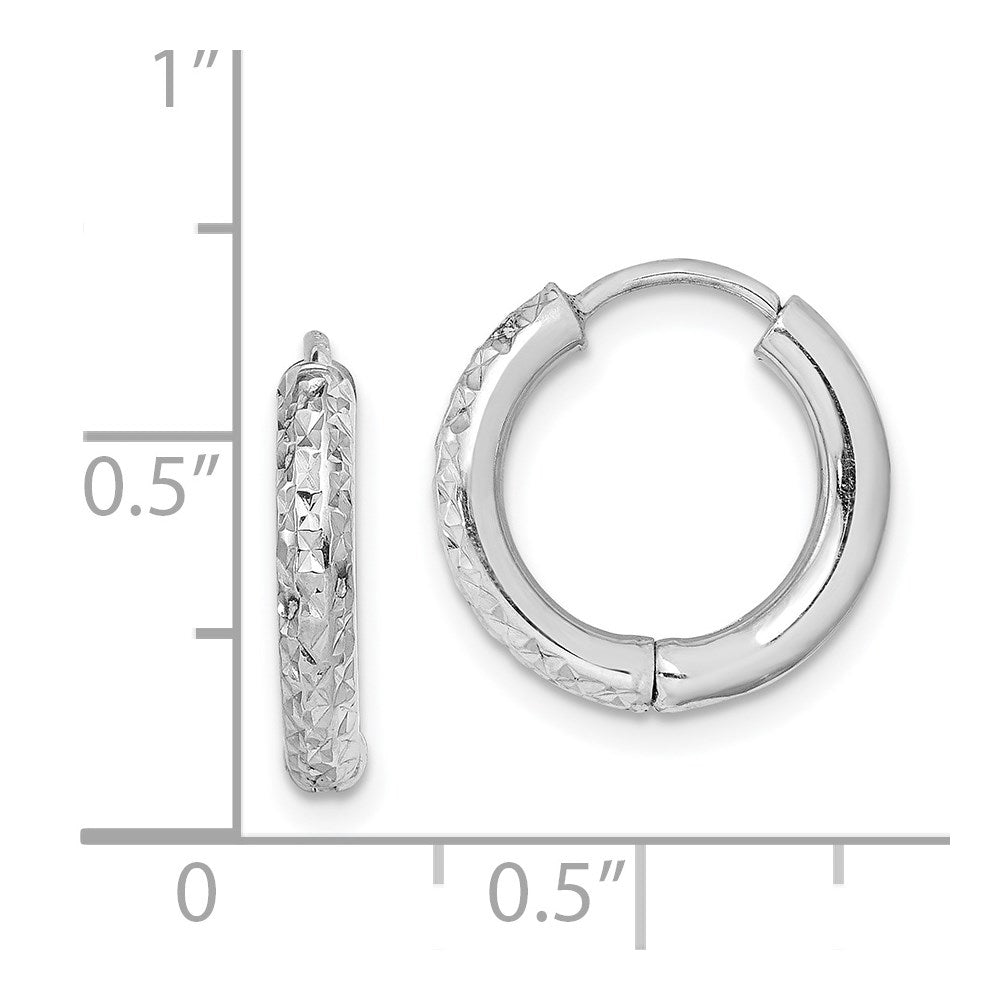 Sterling Silver Rhodium Polished Diamond Cut Hinged Hoop Earrings